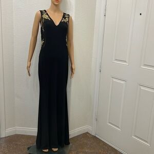 Super Star USA Dress Black & Gold Embroidered Sheer VNeck Sleeveless Slim Maxi